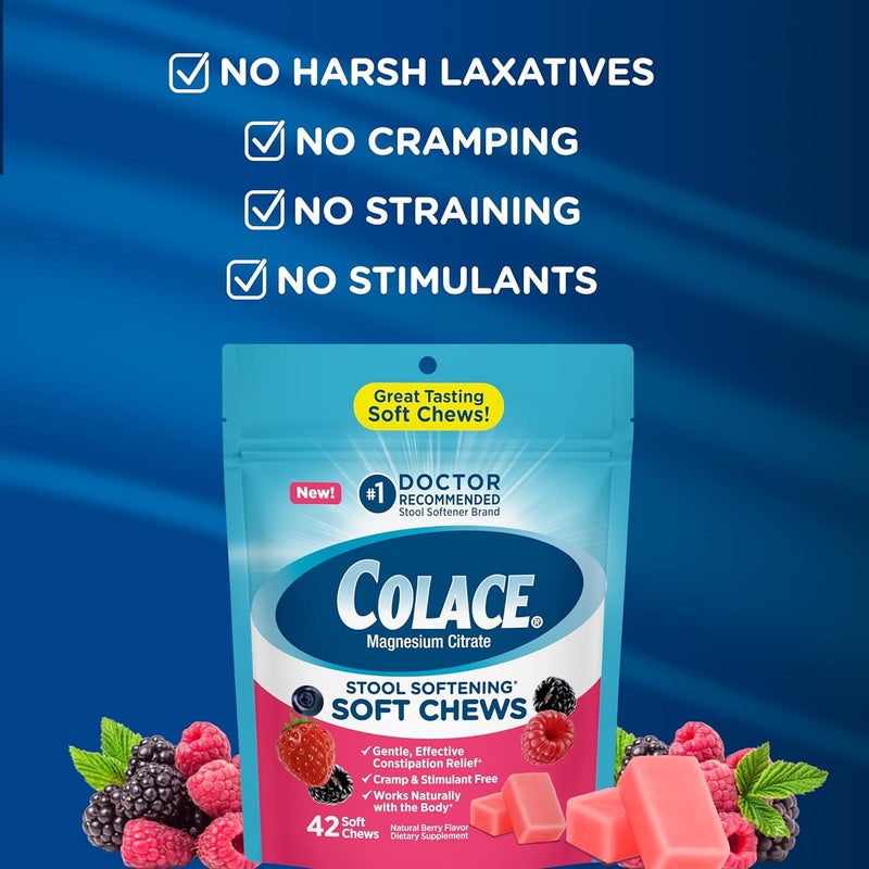 COLACE ملين البراز مضغ لينة، تخفيف لطيف للإمساك، العلامة التجارية رقم 1 الموصى بها من قبل الأطباء، 42 مضغ بنكهة التوت المختلط - Image 5